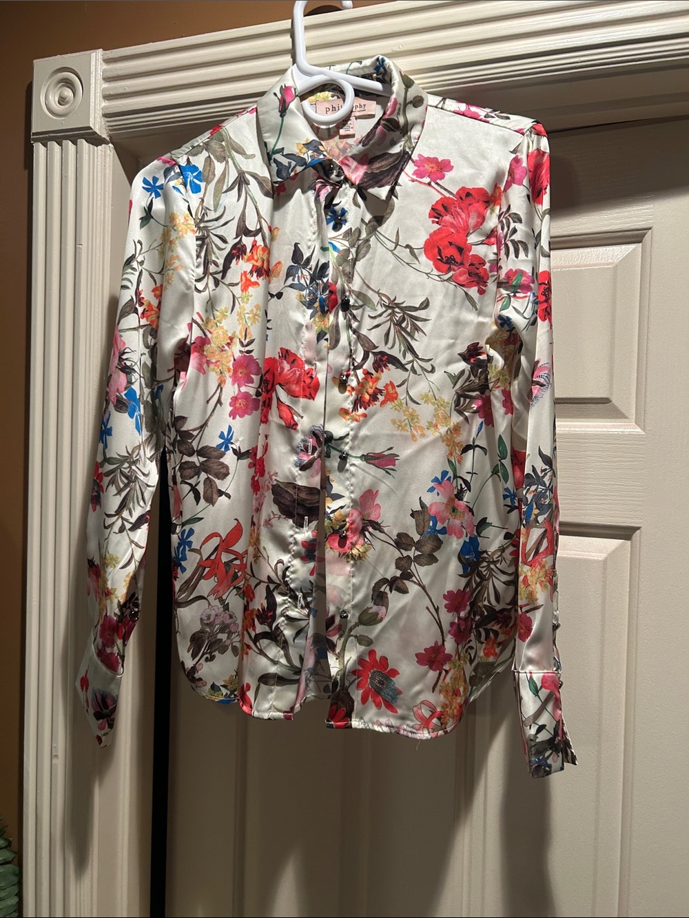 Philosophy Floral Satin Button-Up Blouse in Cream with Multicolor Blooms